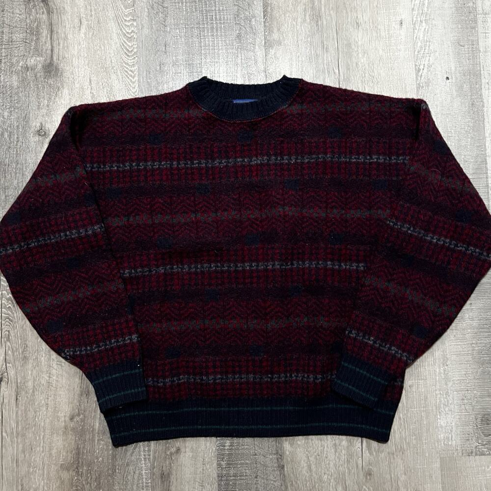 VTG 80s 90s Pendleton Red Virgin Wool Sweater Red Striped Pull Over Shrunk Large